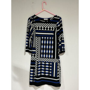 Womans Calvin Klein Size 4 Blue Black White Geometric Pullover Dress 3/4 Sleeve